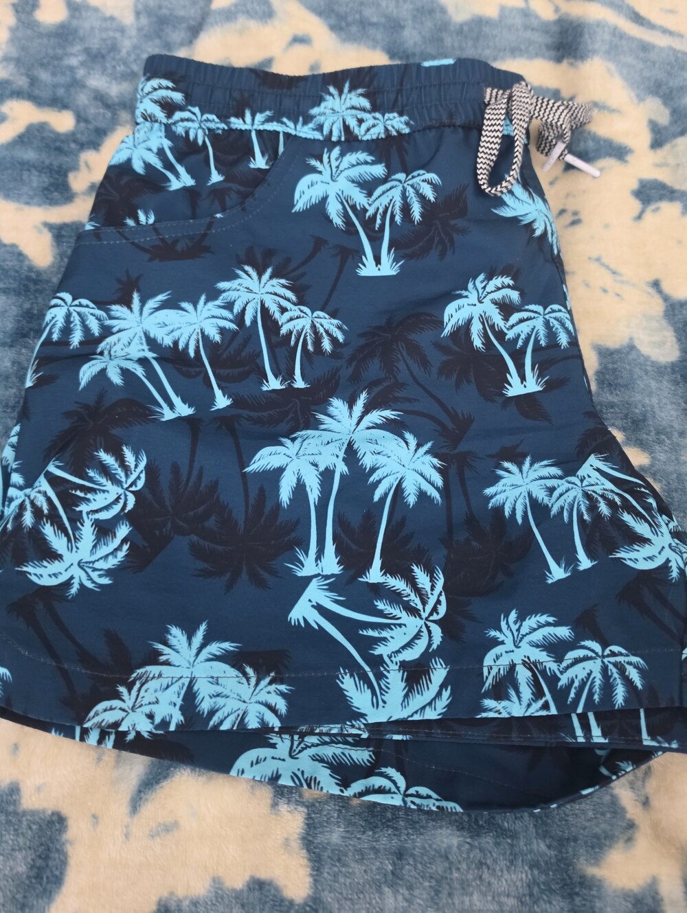 Womens  Navy Swim Shorts with Aqua Palm Print